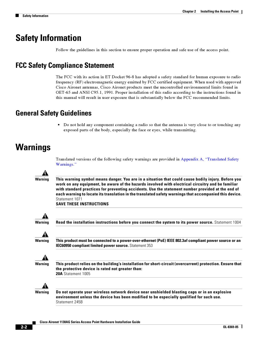 Cisco Systems 1130AG manual Safety Information, FCC Safety Compliance Statement, General Safety Guidelines 