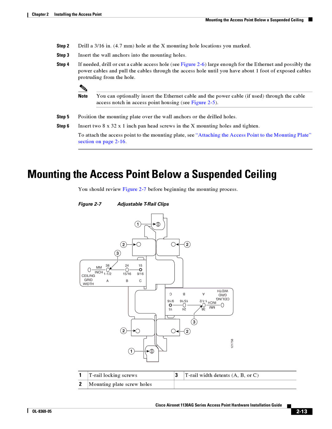 Cisco Systems 1130AG manual Mounting the Access Point Below a Suspended Ceiling, Adjustable T-Rail Clips 