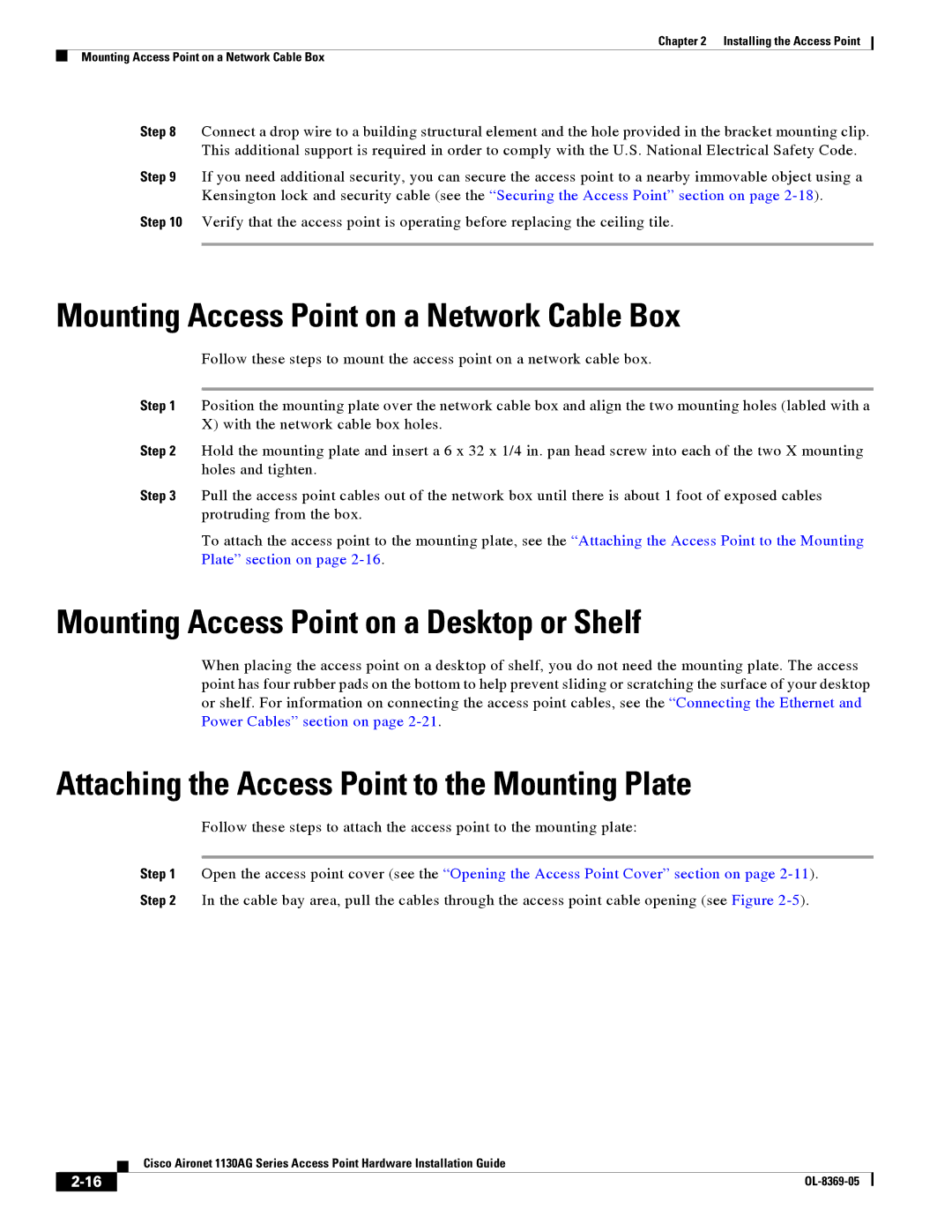 Cisco Systems 1130AG manual Mounting Access Point on a Network Cable Box, Mounting Access Point on a Desktop or Shelf 