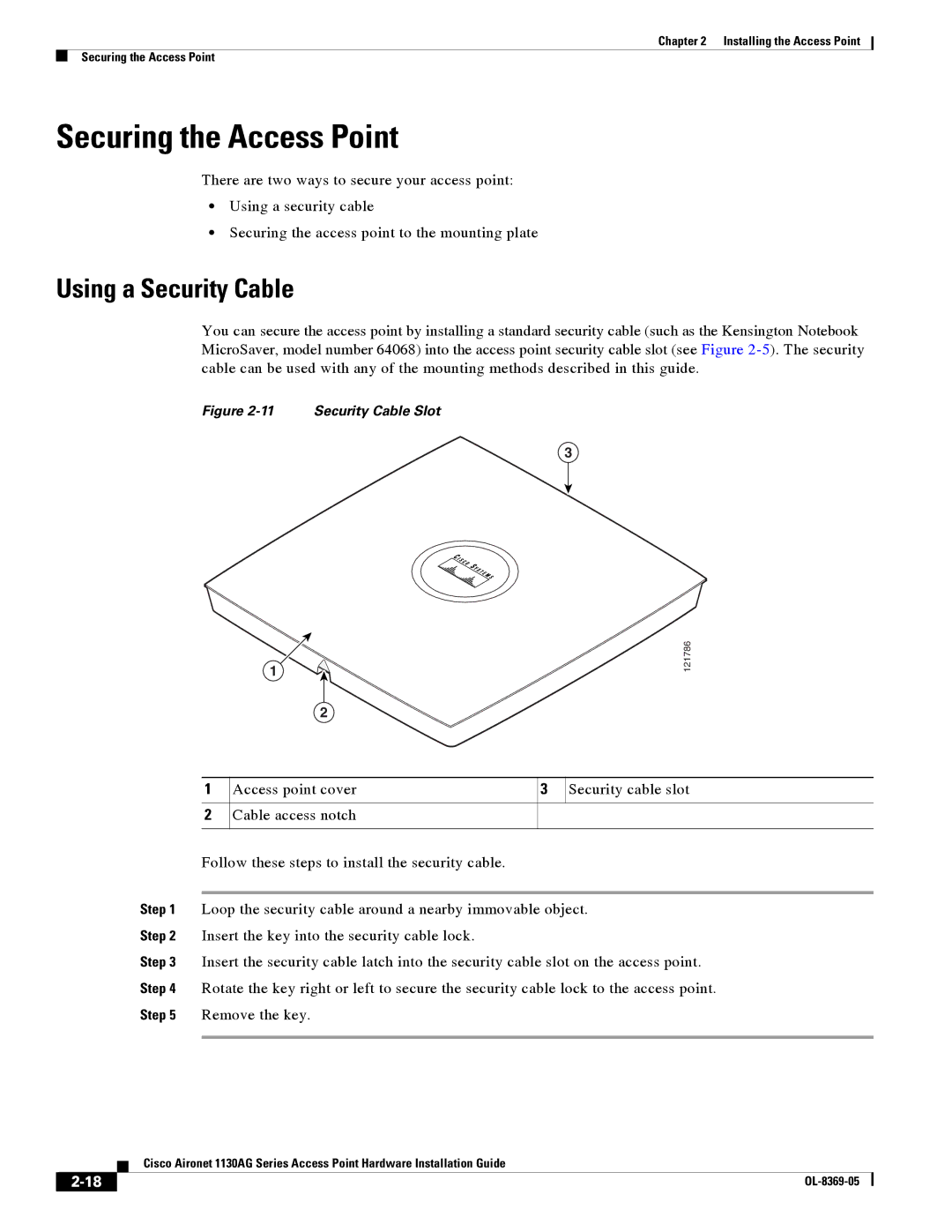 Cisco Systems 1130AG manual Securing the Access Point, Using a Security Cable 