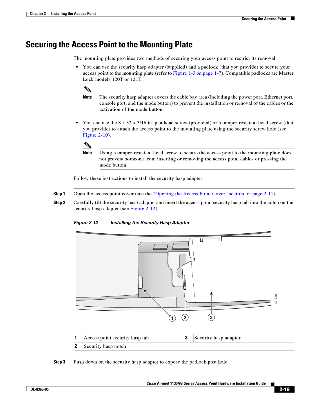 Cisco Systems 1130AG manual Securing the Access Point to the Mounting Plate, Installing the Security Hasp Adapter 