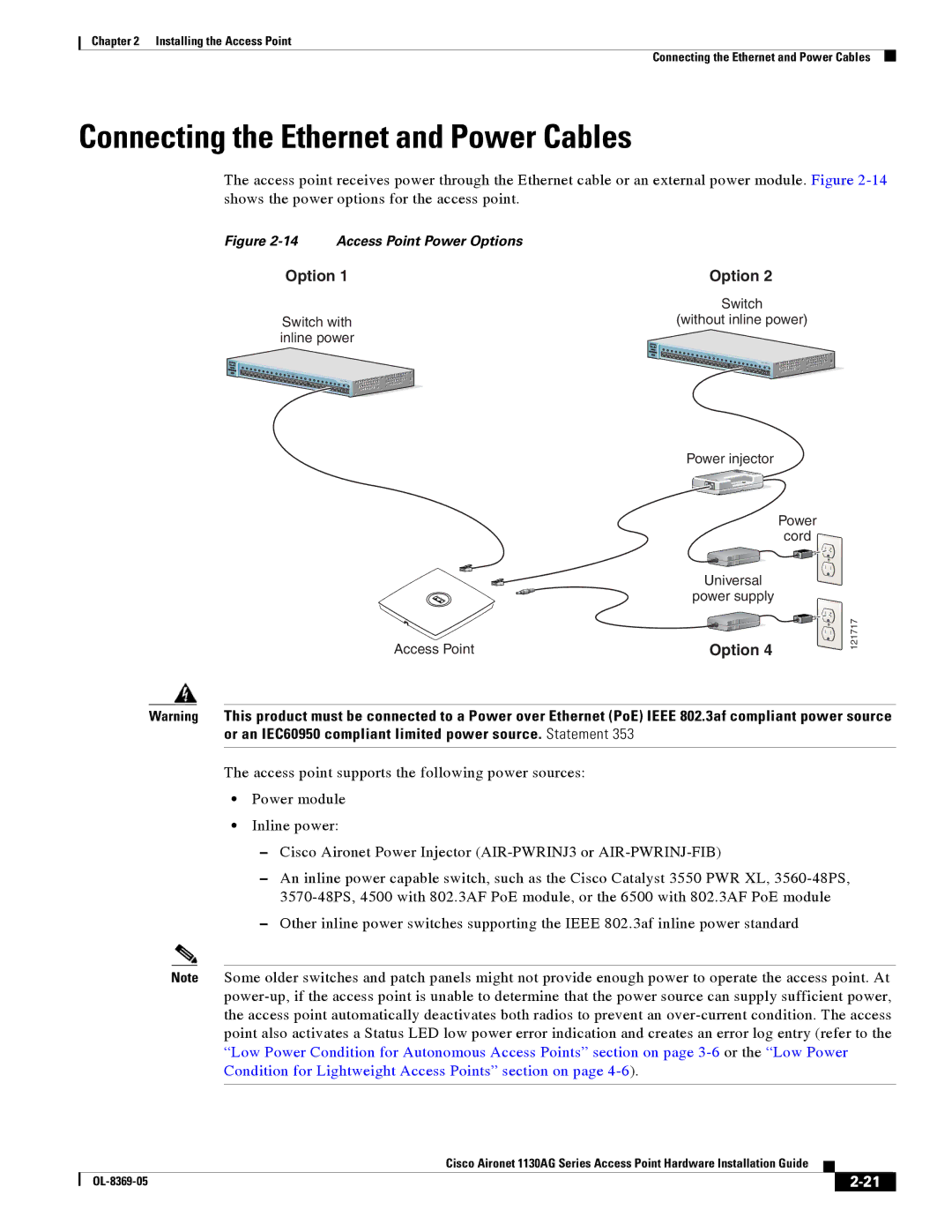 Cisco Systems 1130AG manual Connecting the Ethernet and Power Cables, Option 