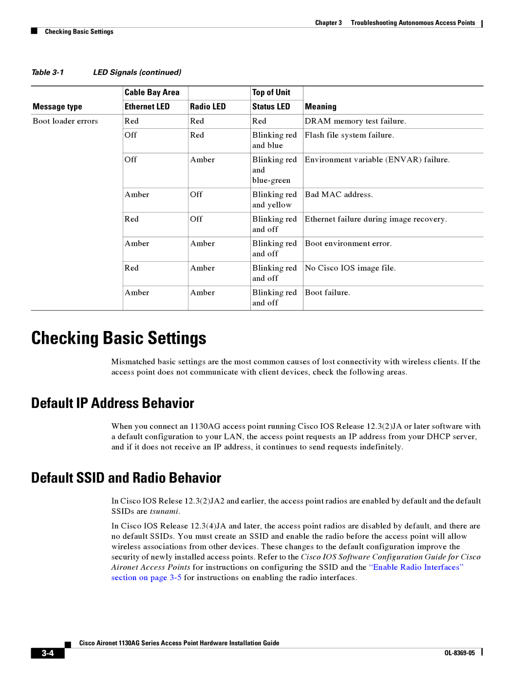 Cisco Systems 1130AG manual Checking Basic Settings, Default IP Address Behavior, Default Ssid and Radio Behavior 