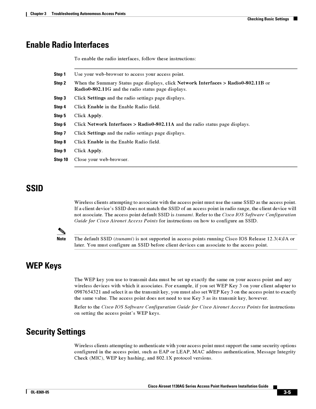 Cisco Systems 1130AG manual Enable Radio Interfaces, WEP Keys, Security Settings 