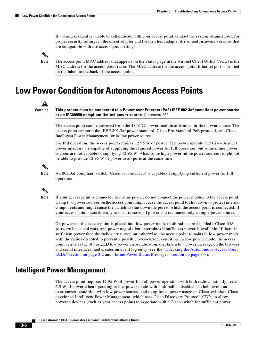 Cisco Systems 1130AG manual Low Power Condition for Autonomous Access Points, Intelligent Power Management 