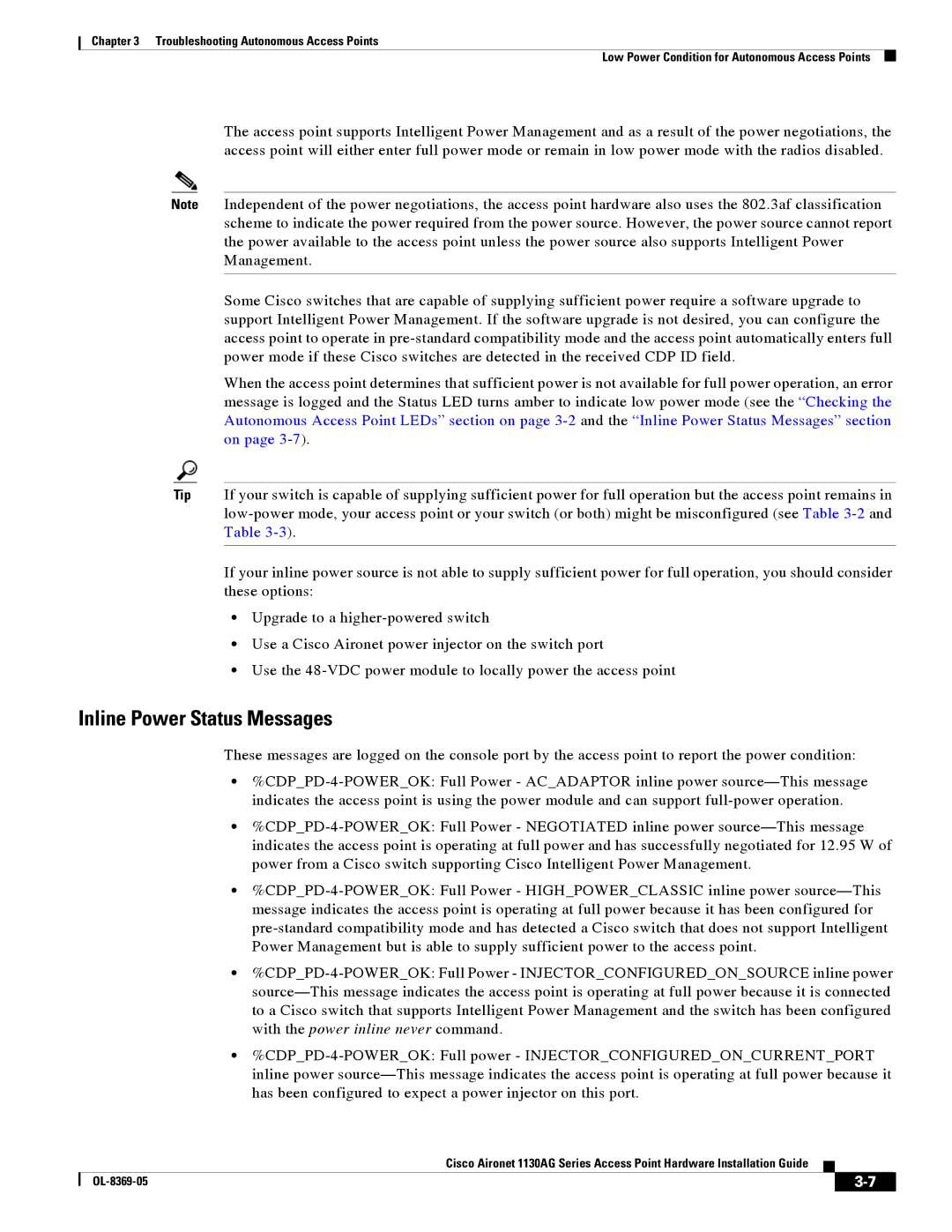 Cisco Systems 1130AG manual Inline Power Status Messages 