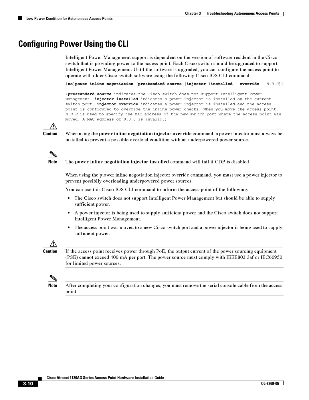 Cisco Systems 1130AG manual Configuring Power Using the CLI 