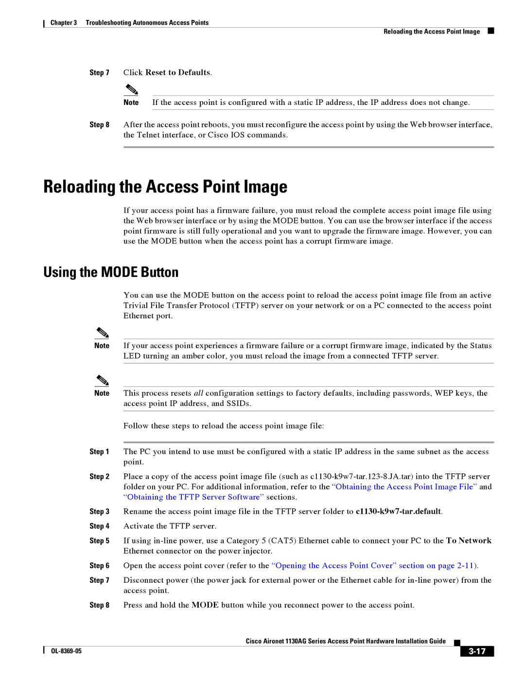 Cisco Systems 1130AG manual Reloading the Access Point Image, Click Reset to Defaults 