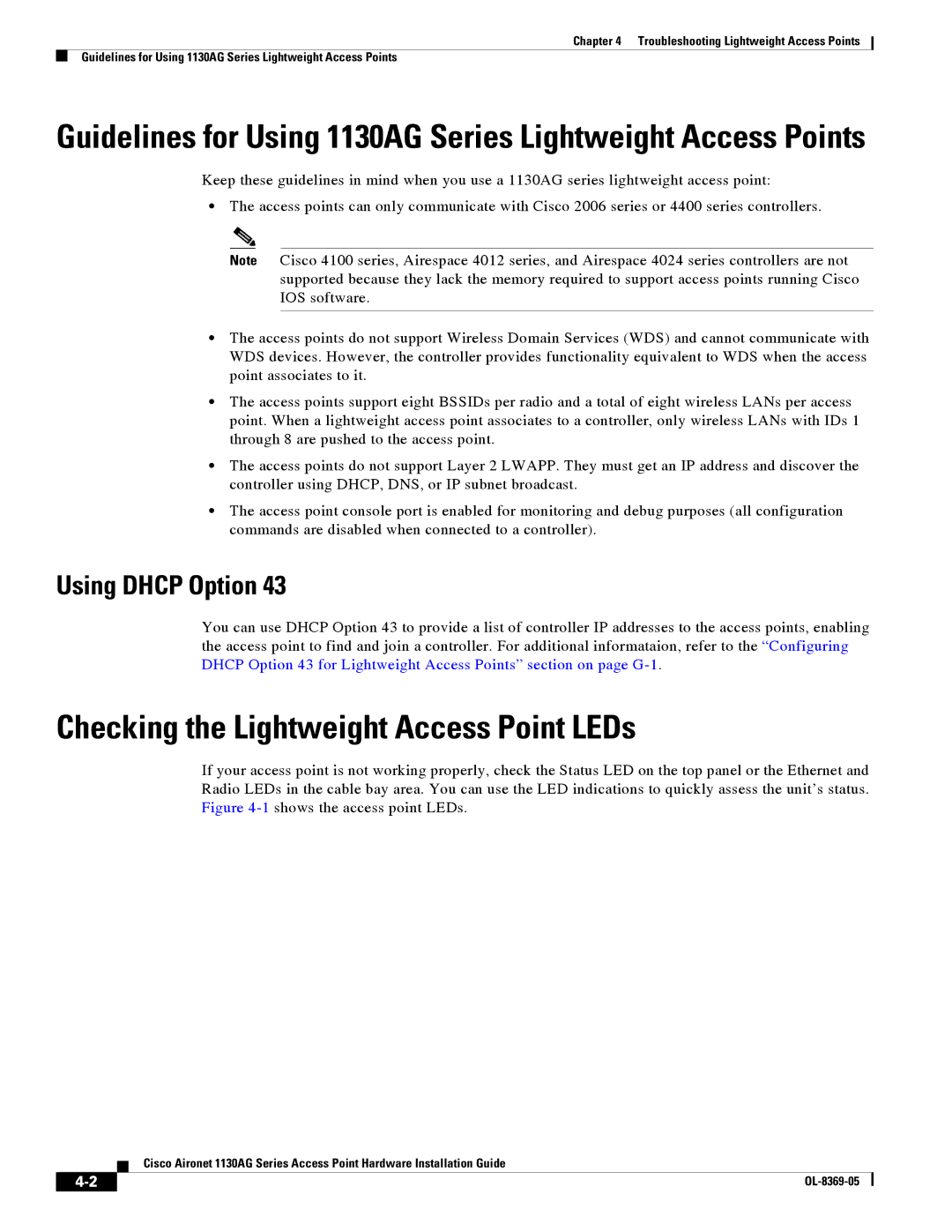 Cisco Systems 1130AG manual Checking the Lightweight Access Point LEDs, Using Dhcp Option 