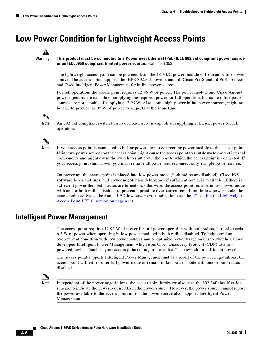 Cisco Systems 1130AG manual Low Power Condition for Lightweight Access Points, Intelligent Power Management 