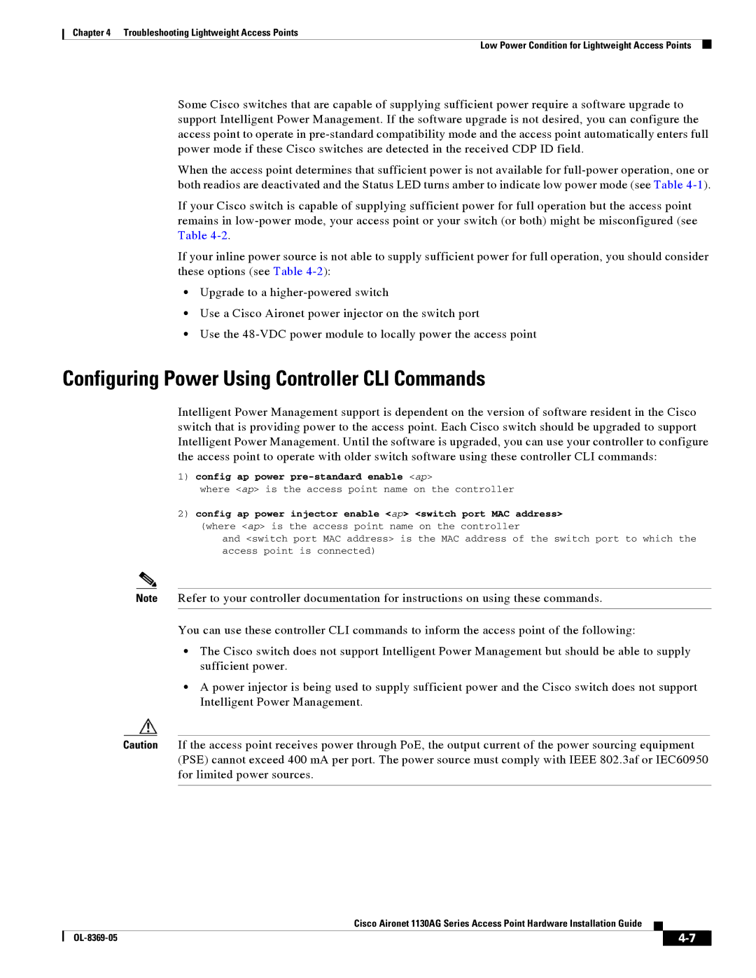 Cisco Systems 1130AG manual Configuring Power Using Controller CLI Commands 