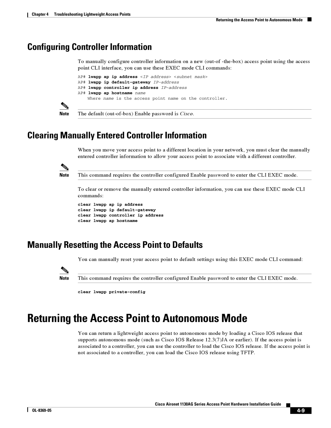 Cisco Systems 1130AG manual Returning the Access Point to Autonomous Mode, Configuring Controller Information 