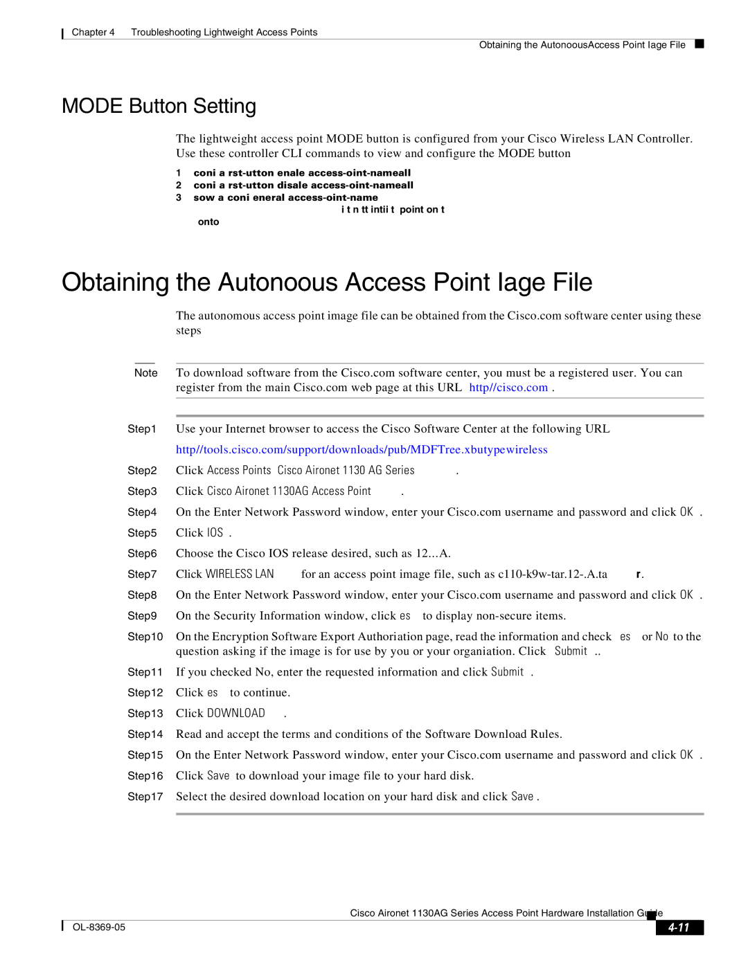 Cisco Systems 1130AG manual Obtaining the Autonomous Access Point Image File, Mode Button Setting 