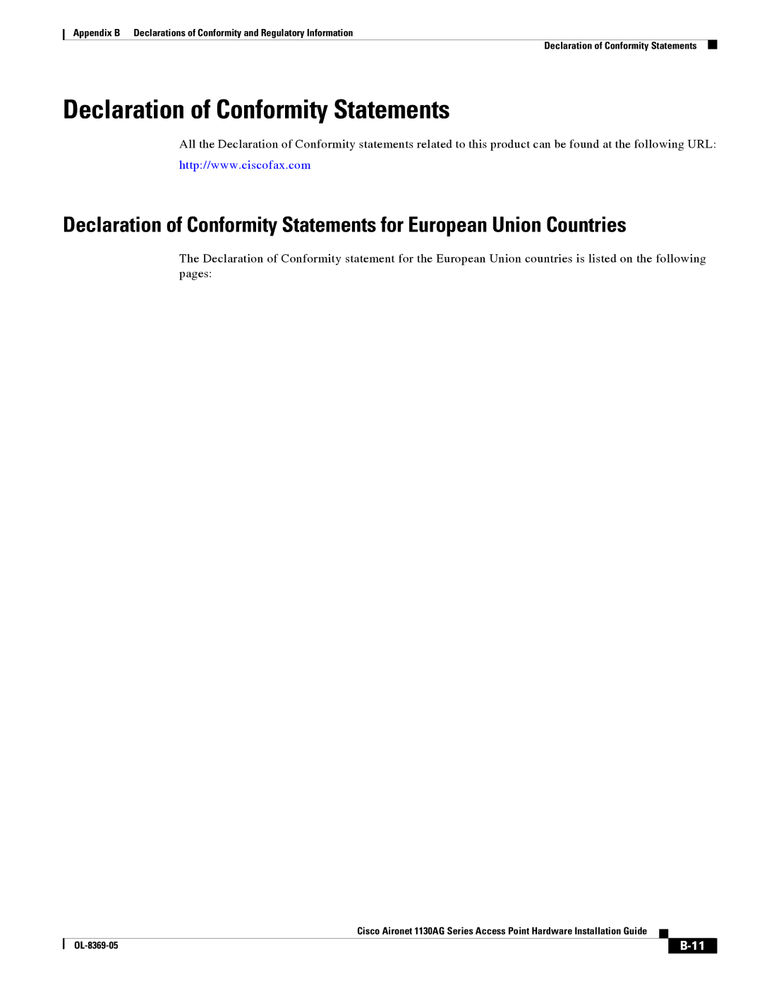 Cisco Systems 1130AG manual Declaration of Conformity Statements 