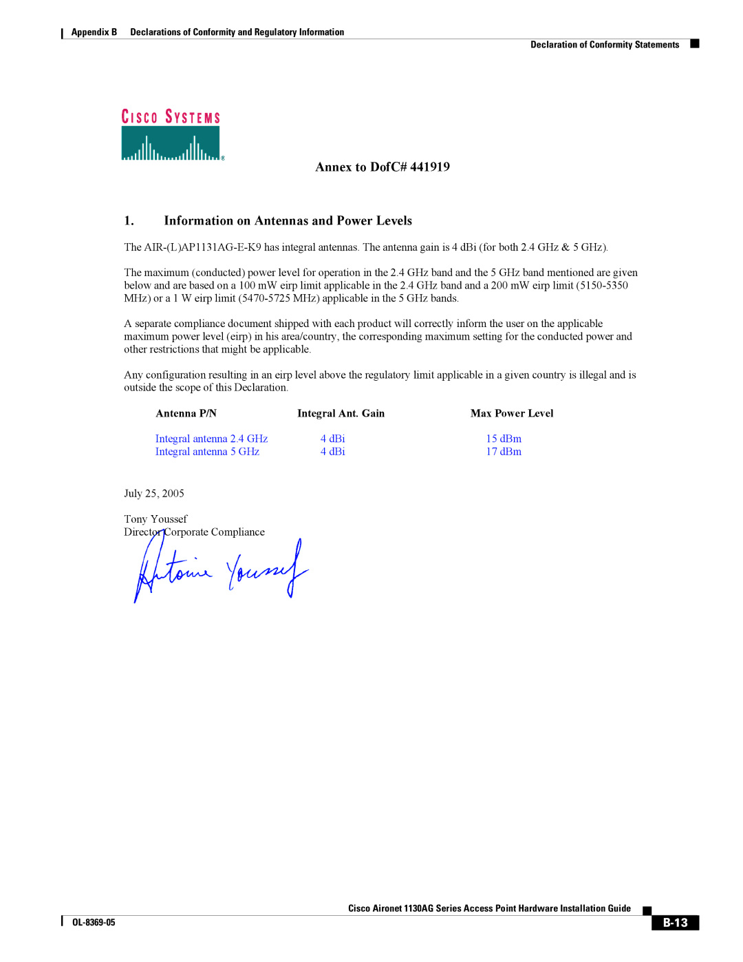 Cisco Systems 1130AG appendix Annex to DofC# Information on Antennas and Power Levels 