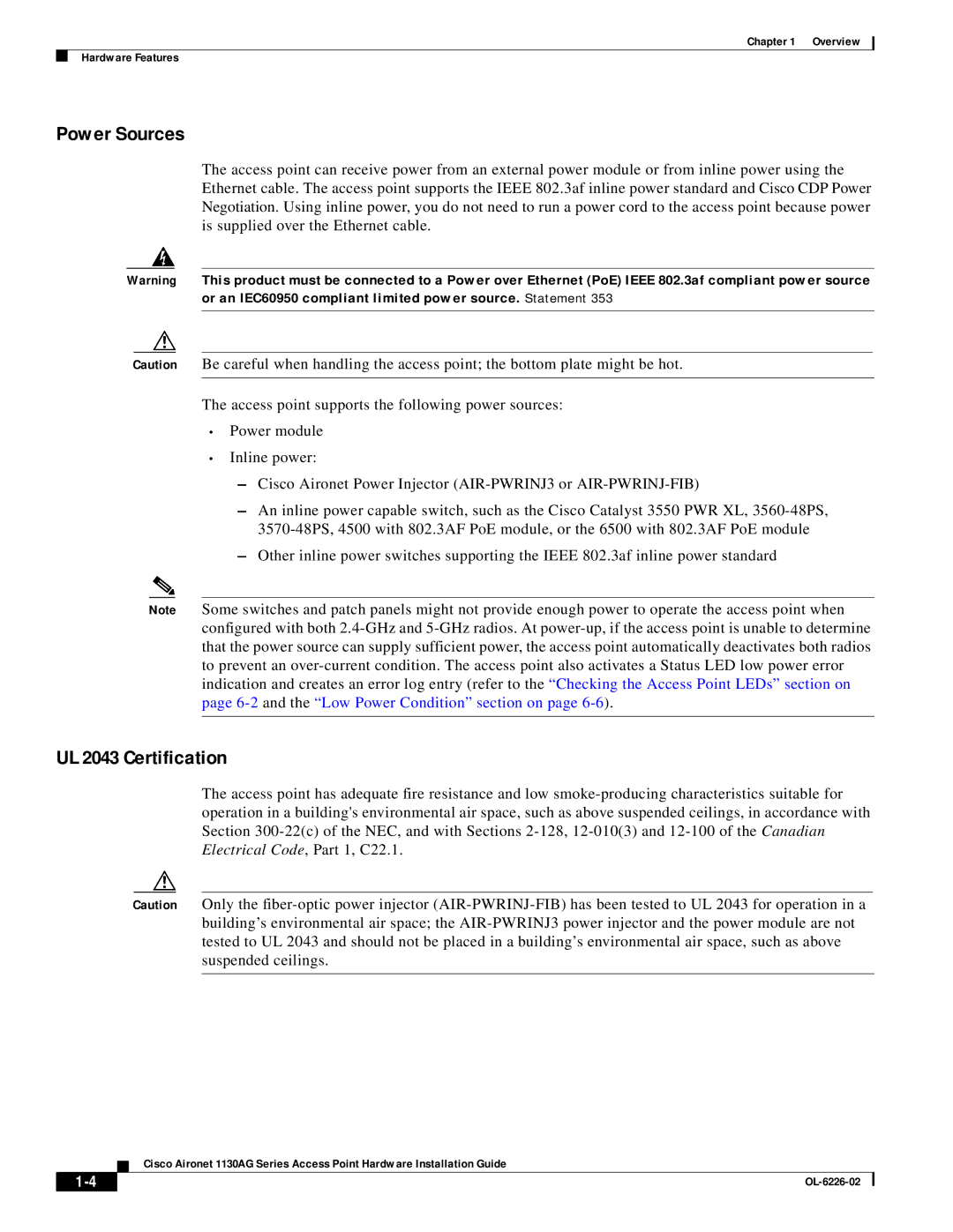 Cisco Systems 1130AG manual Power Sources, UL 2043 Certification 