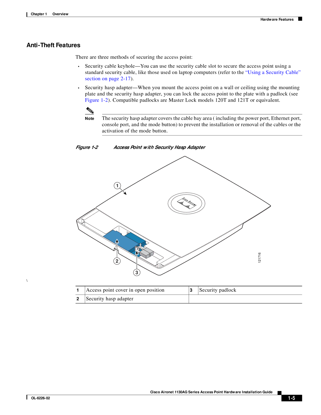 Cisco Systems 1130AG manual Anti-Theft Features, Access Point with Security Hasp Adapter 