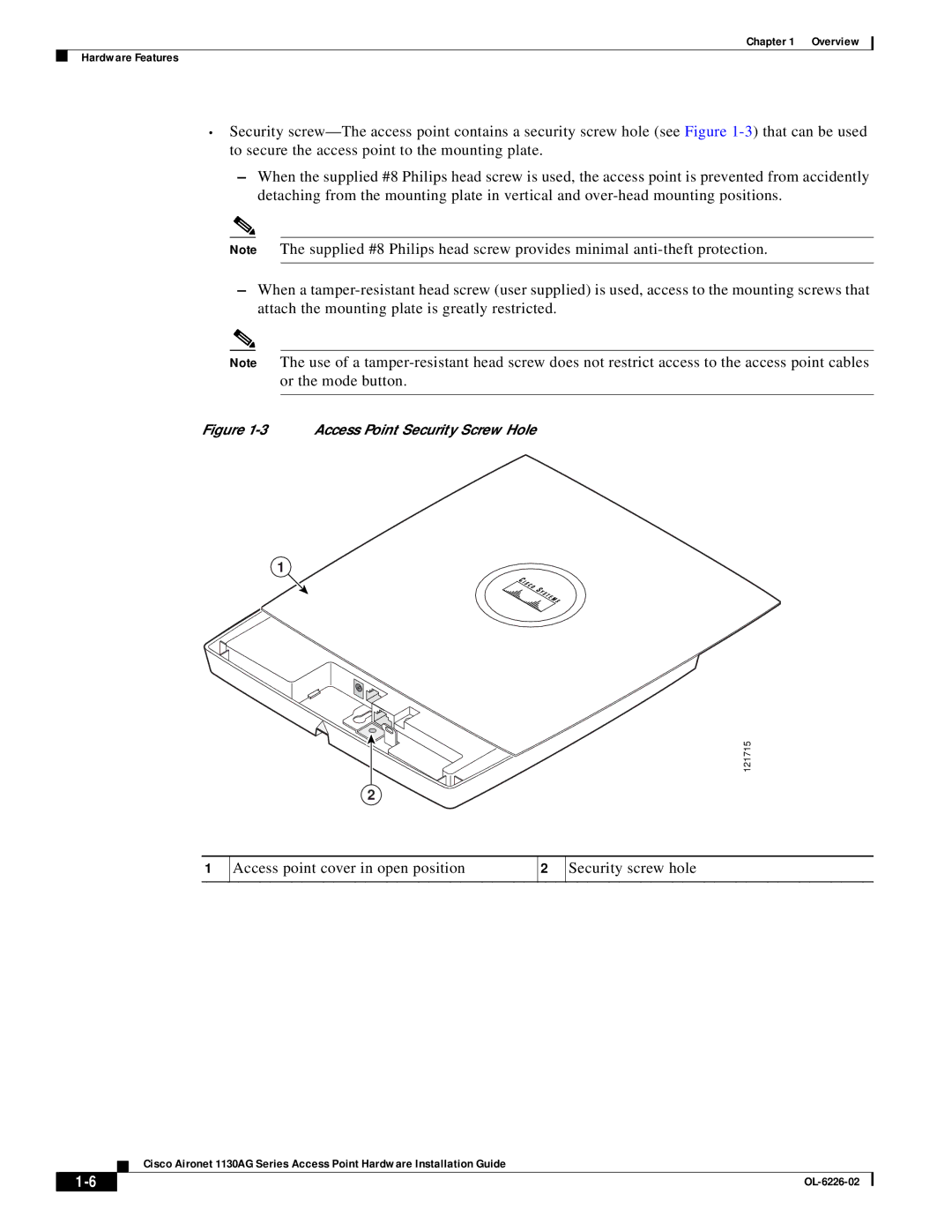 Cisco Systems 1130AG manual Access point cover in open position Security screw hole 