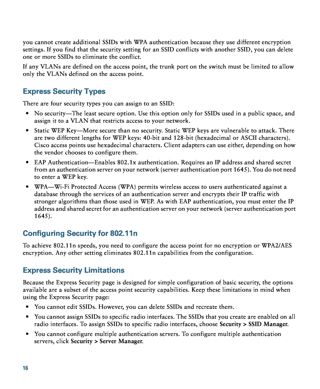 Cisco Systems 1140 specifications Express Security Types, Configuring Security for 802.11n, Express Security Limitations 