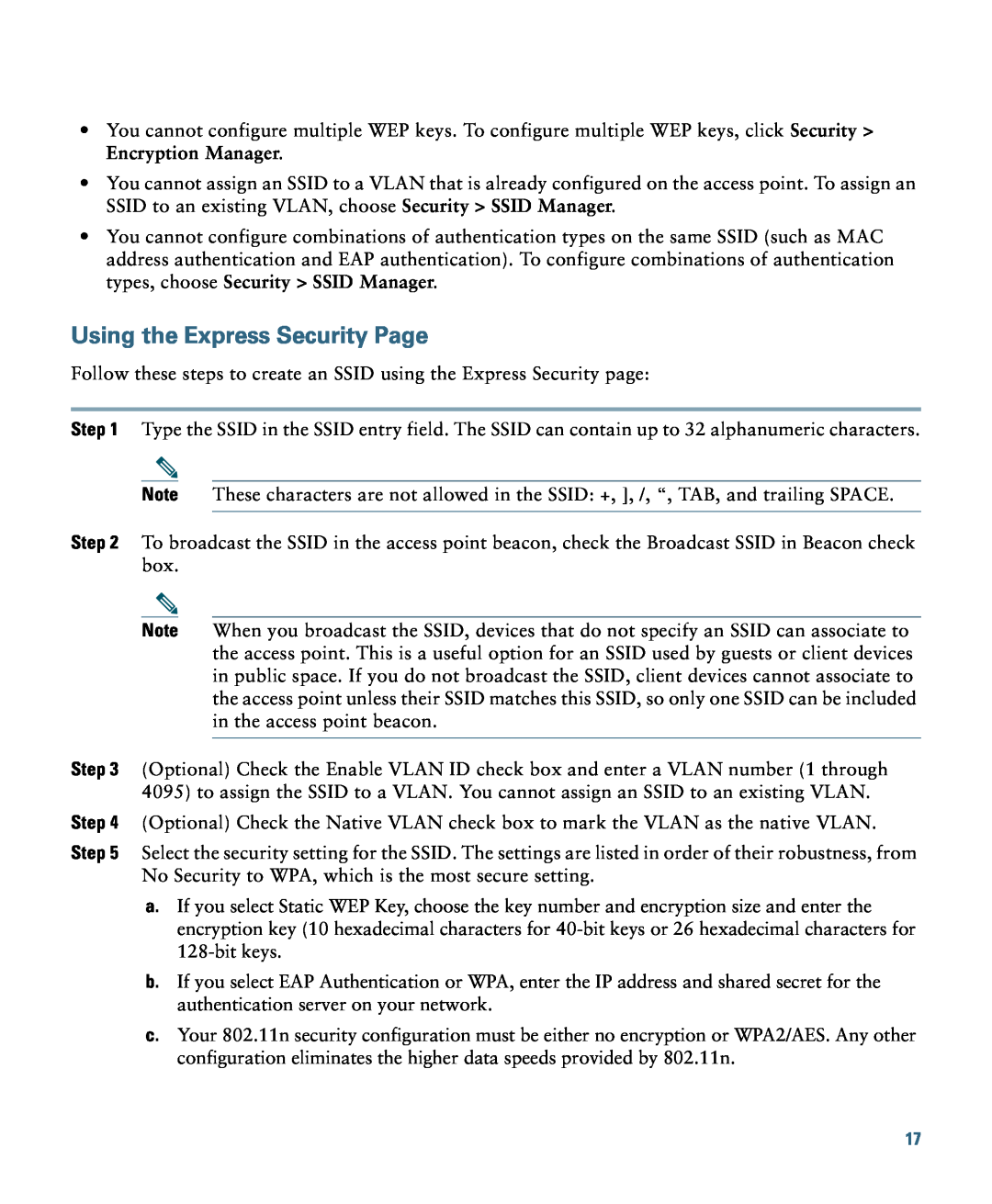 Cisco Systems 1140 specifications Using the Express Security Page 
