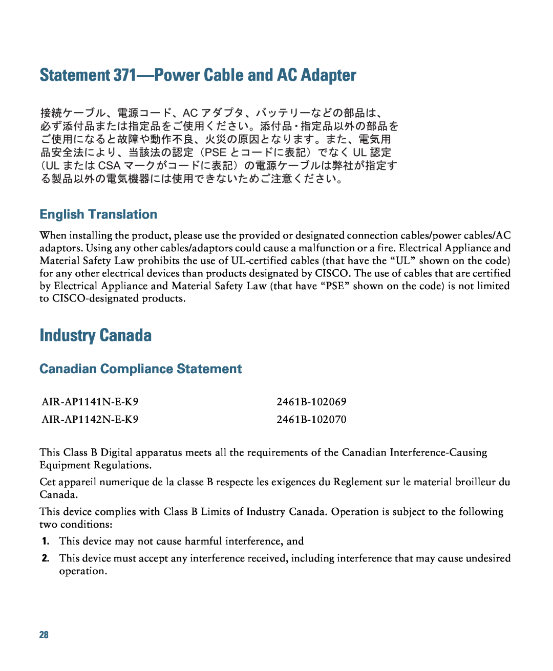 Cisco Systems 1140 specifications Statement 371-Power Cable and AC Adapter, Industry Canada, Canadian Compliance Statement 