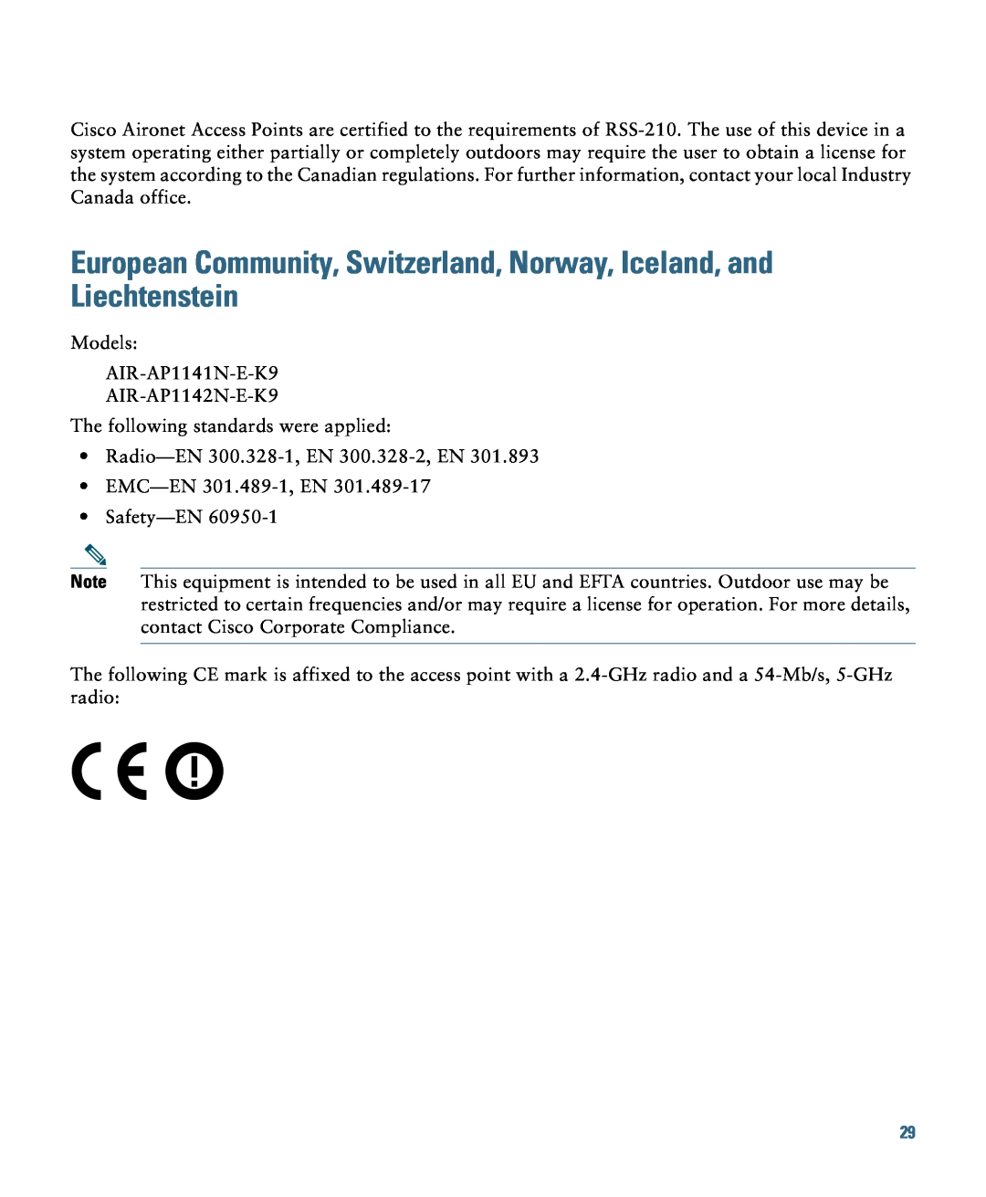 Cisco Systems 1140 specifications European Community, Switzerland, Norway, Iceland, and Liechtenstein 