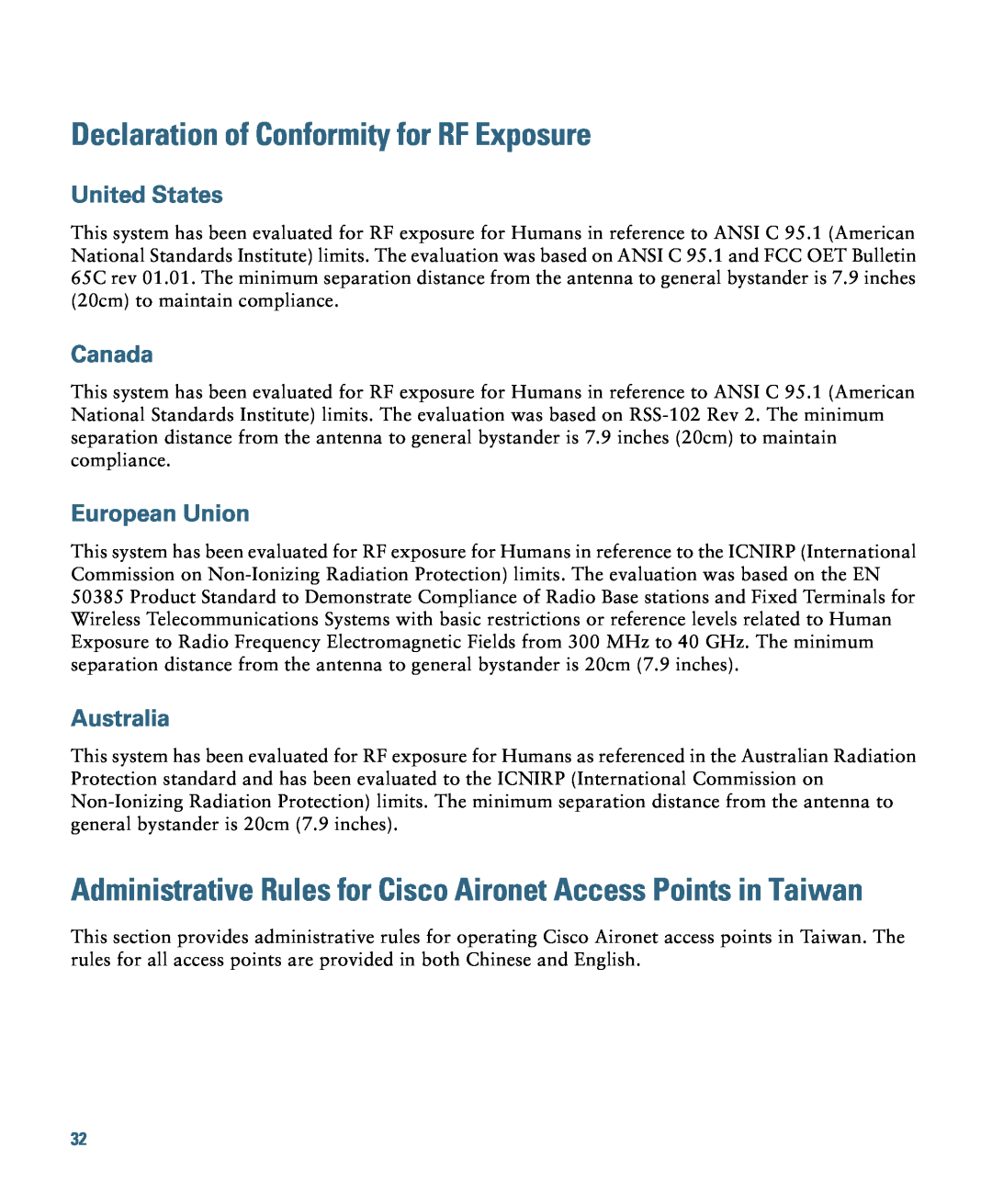 Cisco Systems 1140 Declaration of Conformity for RF Exposure, United States, Canada, European Union, Australia 