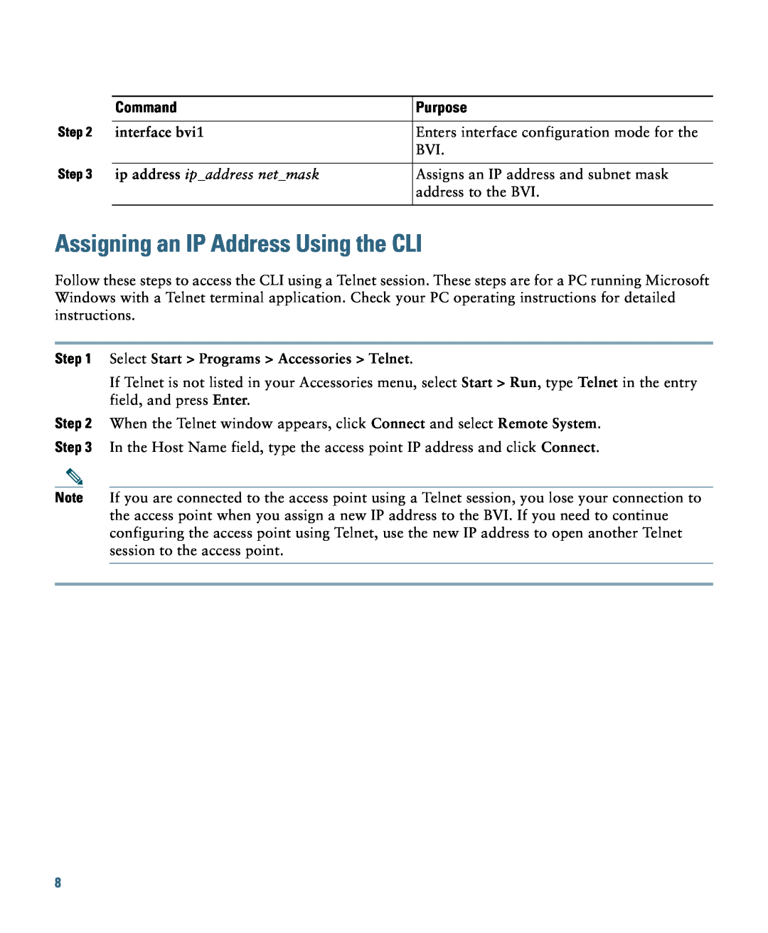 Cisco Systems 1140 specifications Assigning an IP Address Using the CLI, interface bvi1, ip address ipaddress netmask 