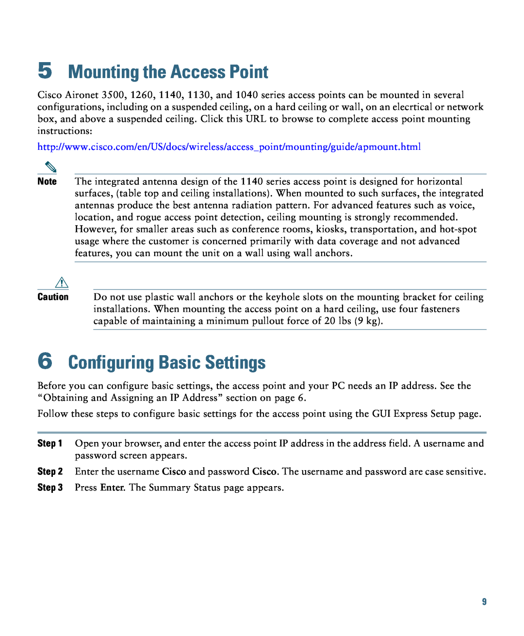 Cisco Systems 1140 specifications Mounting the Access Point, Configuring Basic Settings 