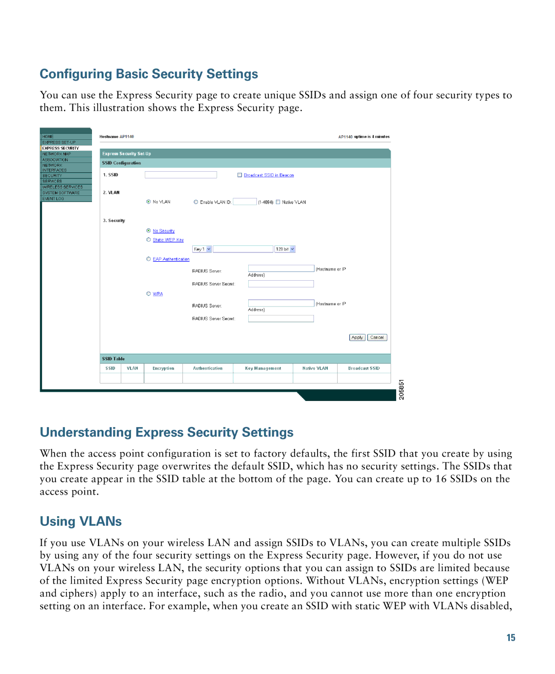 Cisco Systems 1140 specifications Configuring Basic Security Settings, Understanding Express Security Settings, Using VLANs 