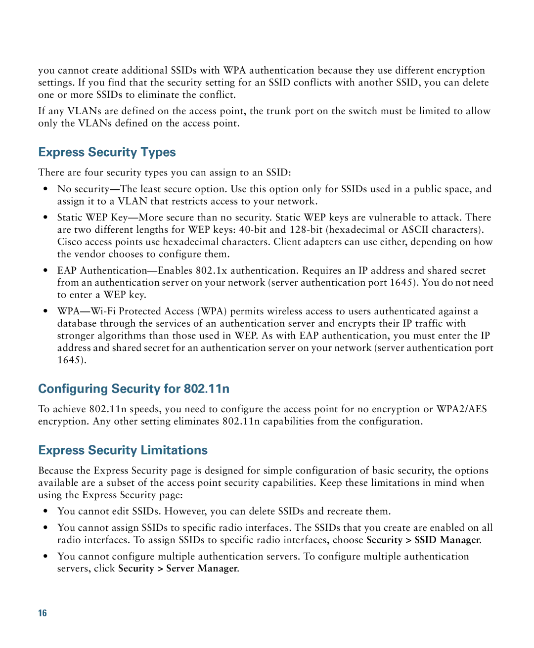 Cisco Systems 1140 specifications Express Security Types, Configuring Security for 802.11n, Express Security Limitations 