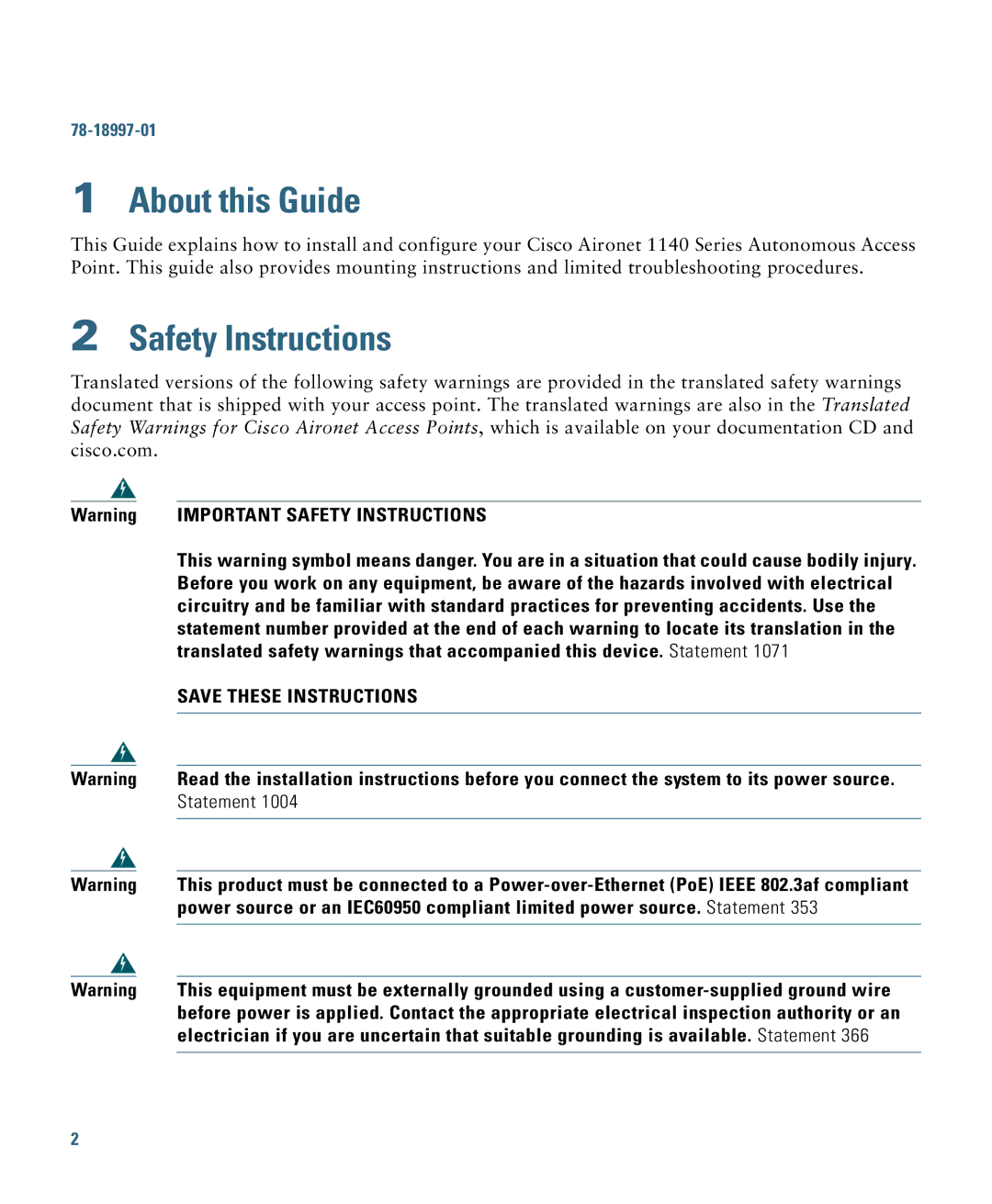 Cisco Systems 1140 specifications About this Guide, Safety Instructions 