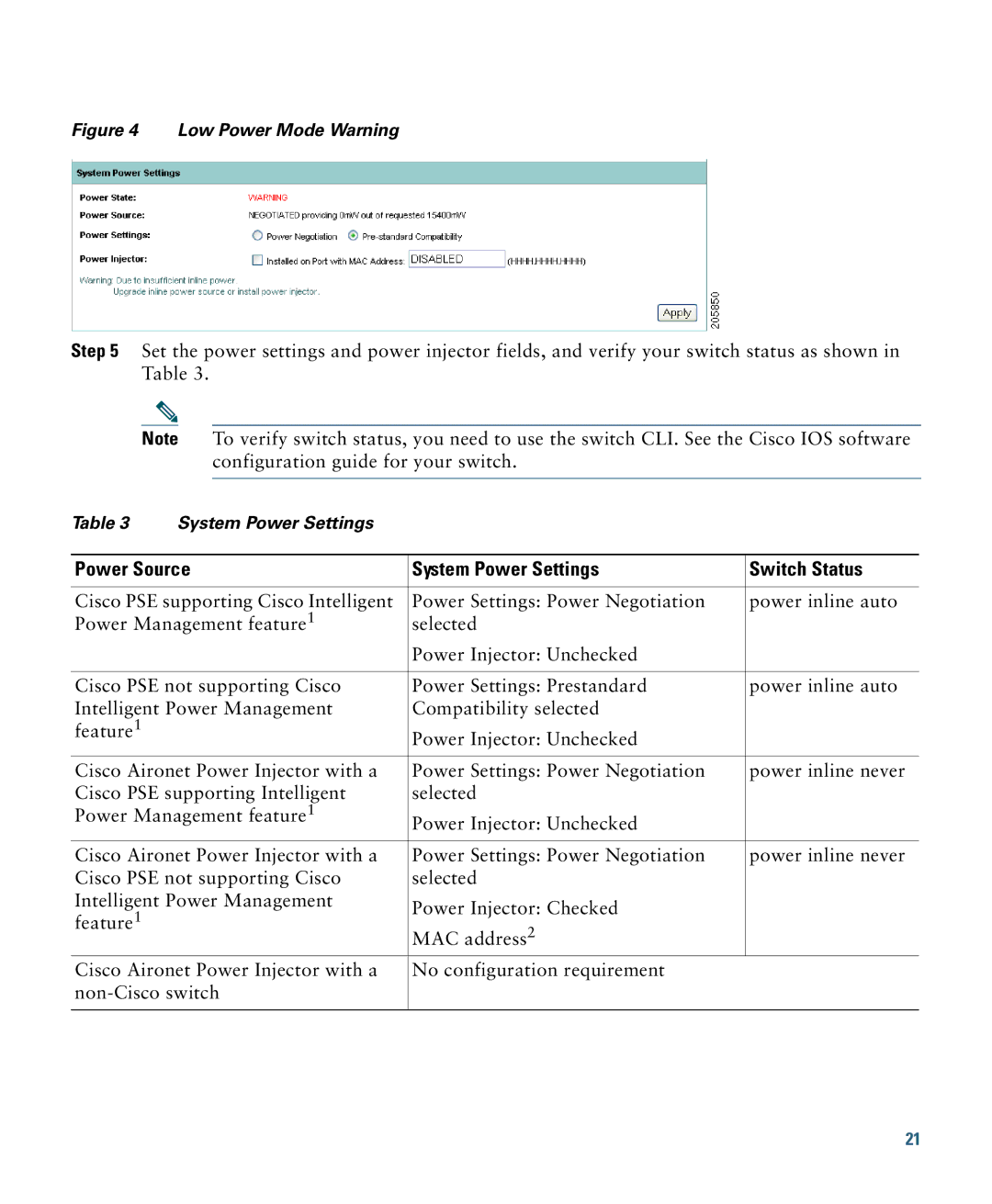 Cisco Systems 1140 specifications Power Source System Power Settings Switch Status, Low Power Mode Warning 