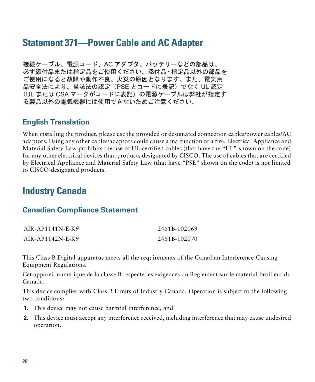 Cisco Systems 1140 specifications Statement 371-Power Cable and AC Adapter, Industry Canada, Canadian Compliance Statement 