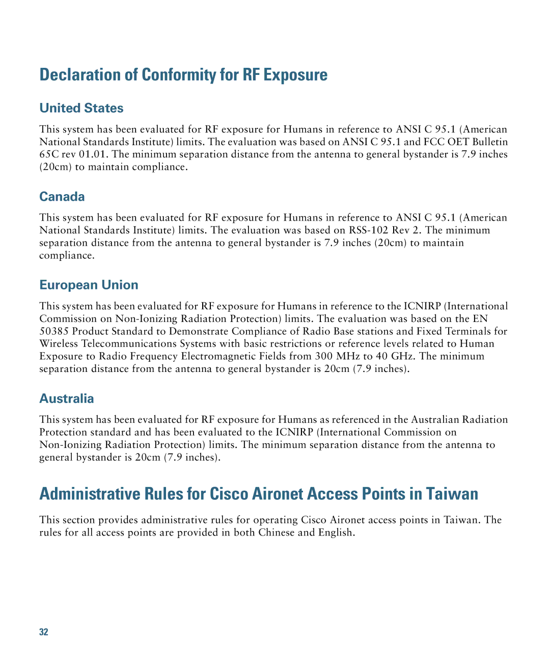 Cisco Systems 1140 Declaration of Conformity for RF Exposure, United States, Canada, European Union, Australia 