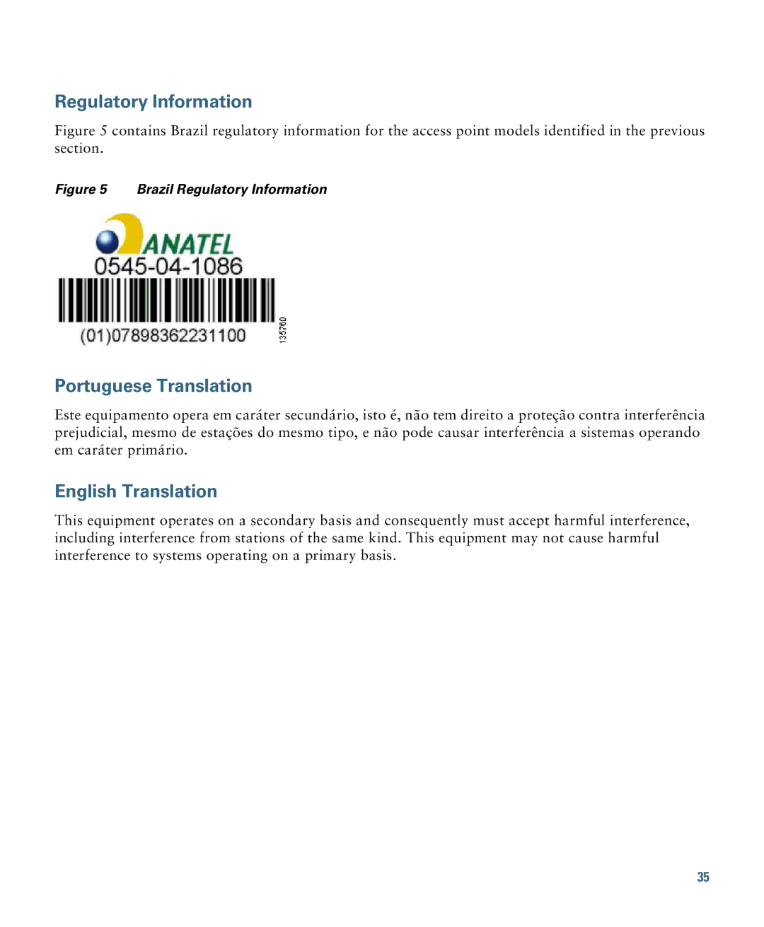 Cisco Systems 1140 specifications Regulatory Information, Portuguese Translation 