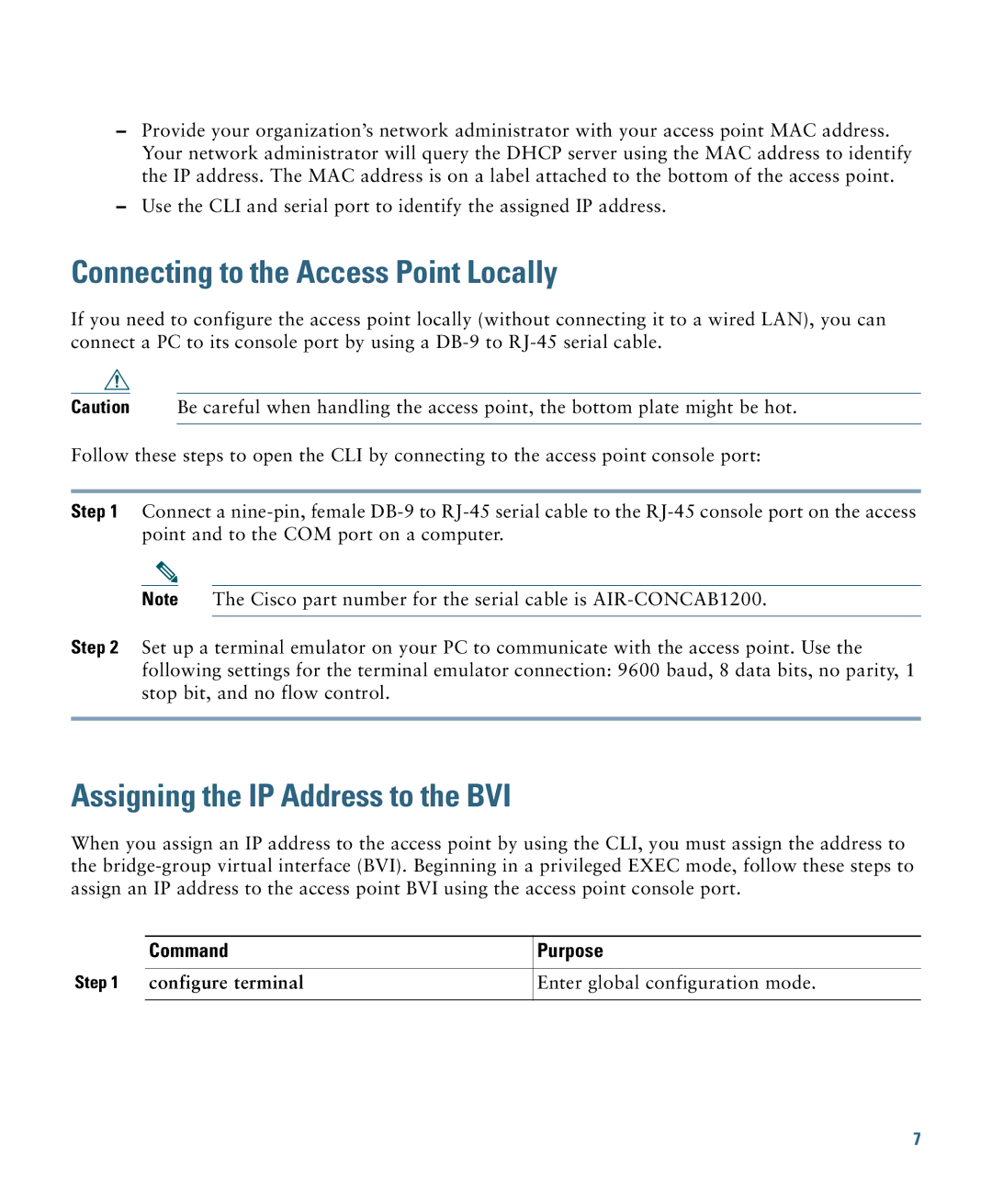 Cisco Systems 1140 Connecting to the Access Point Locally, Assigning the IP Address to the BVI, Command Purpose 