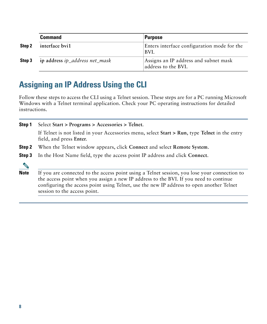 Cisco Systems 1140 specifications Assigning an IP Address Using the CLI, Interface bvi1 