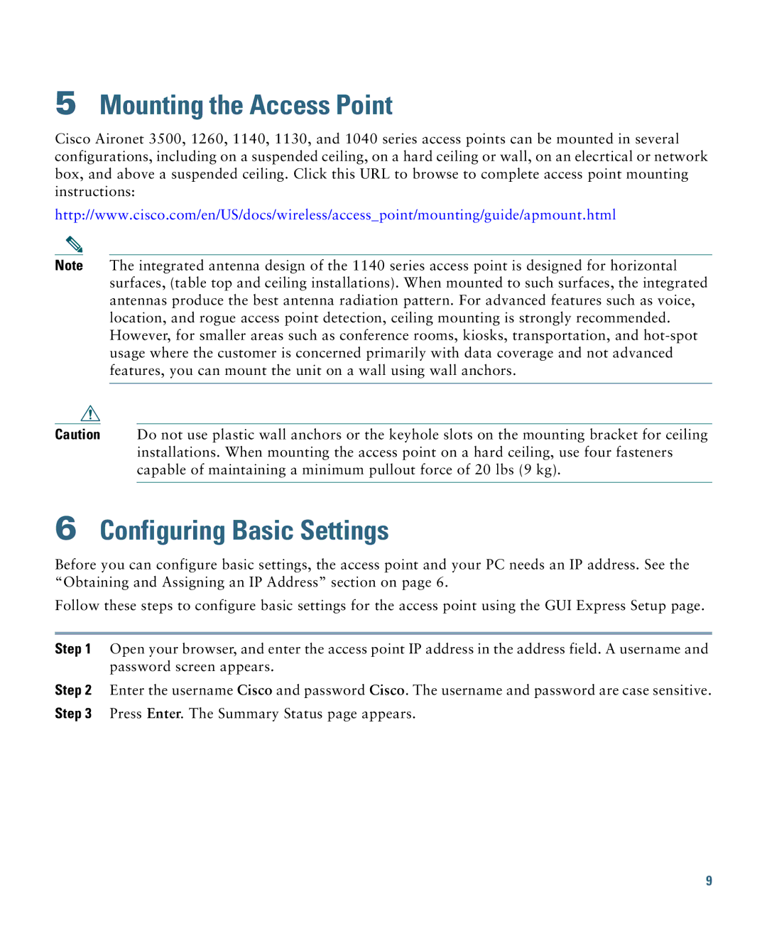 Cisco Systems 1140 specifications Mounting the Access Point, Configuring Basic Settings 