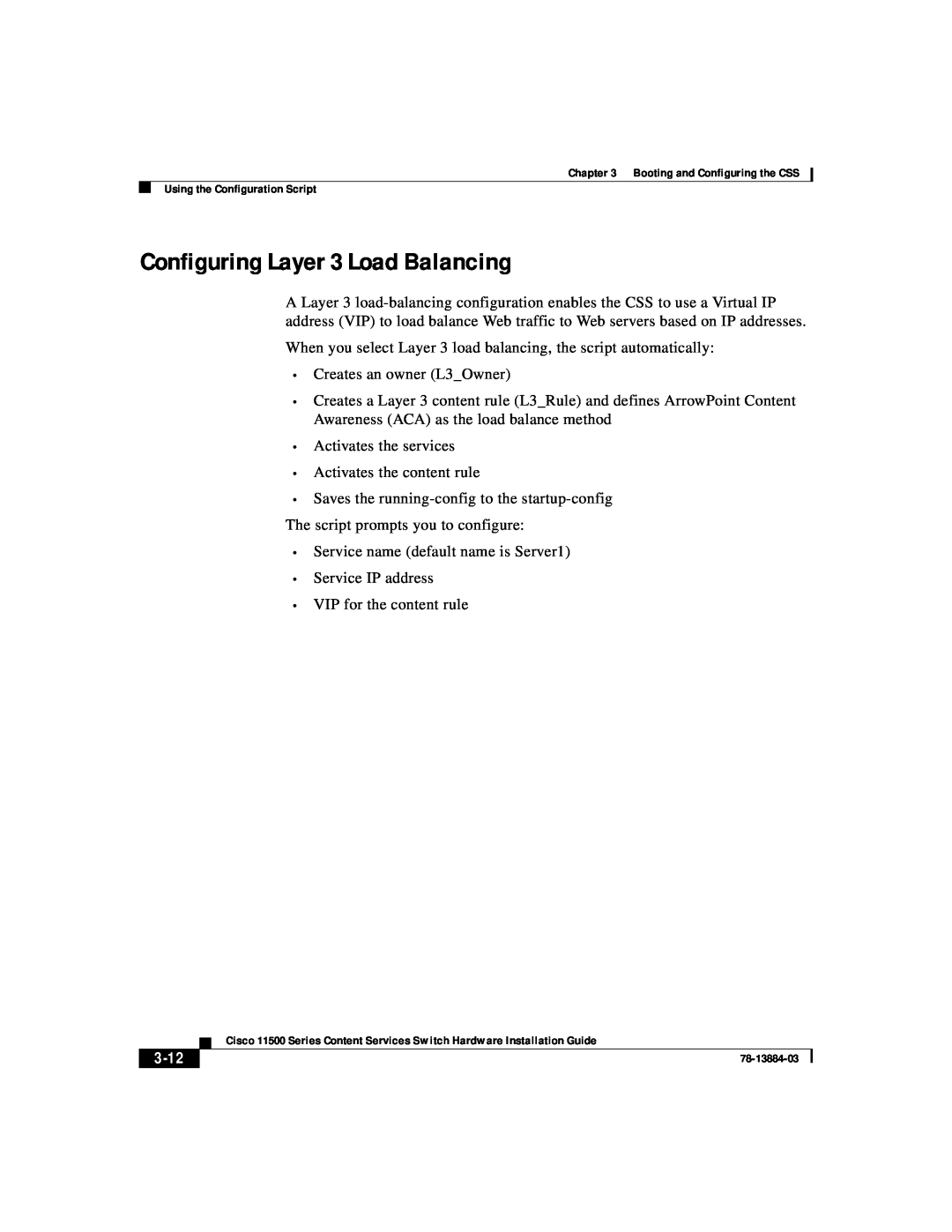 Cisco Systems 11500 Series manual Configuring Layer 3 Load Balancing, 3-12 