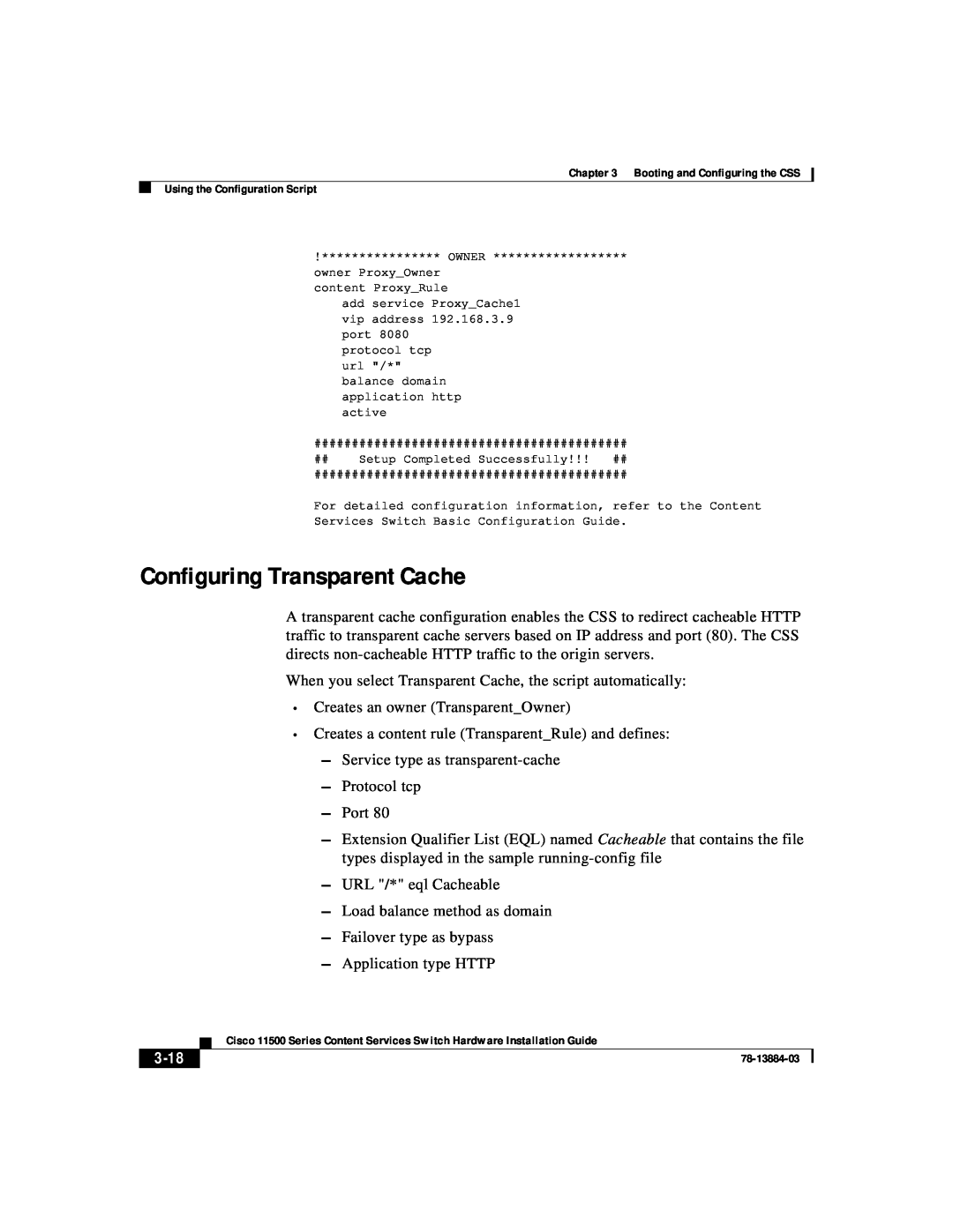 Cisco Systems 11500 Series manual Configuring Transparent Cache, 3-18 