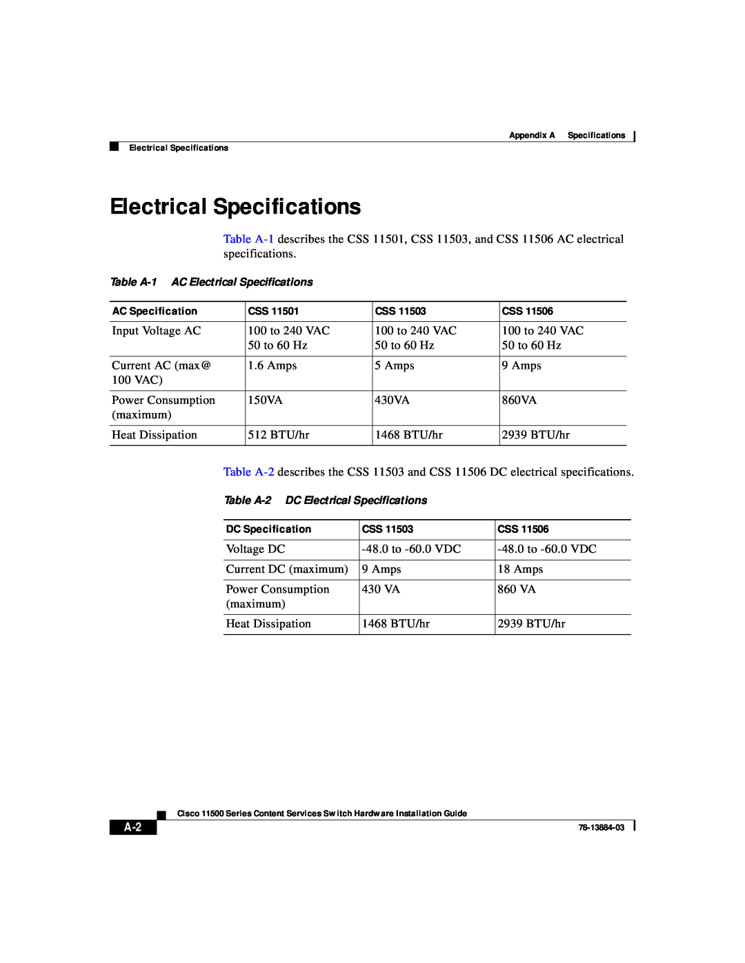 Cisco Systems 11500 Series manual Electrical Specifications 