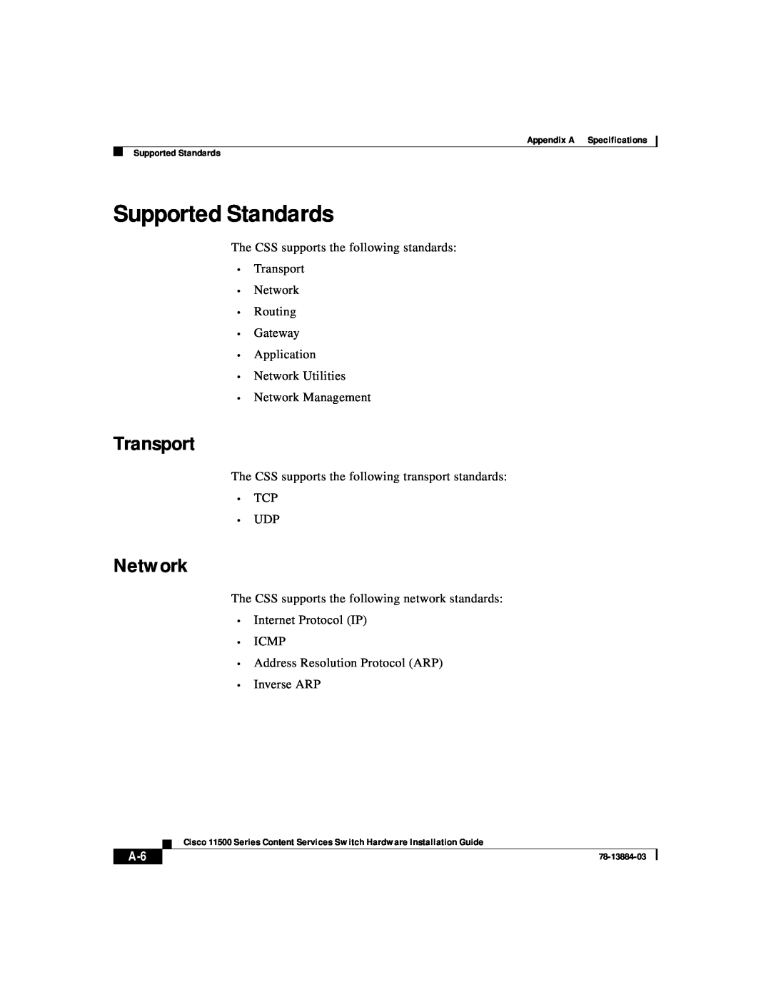 Cisco Systems 11500 Series manual Supported Standards, Transport, Network 