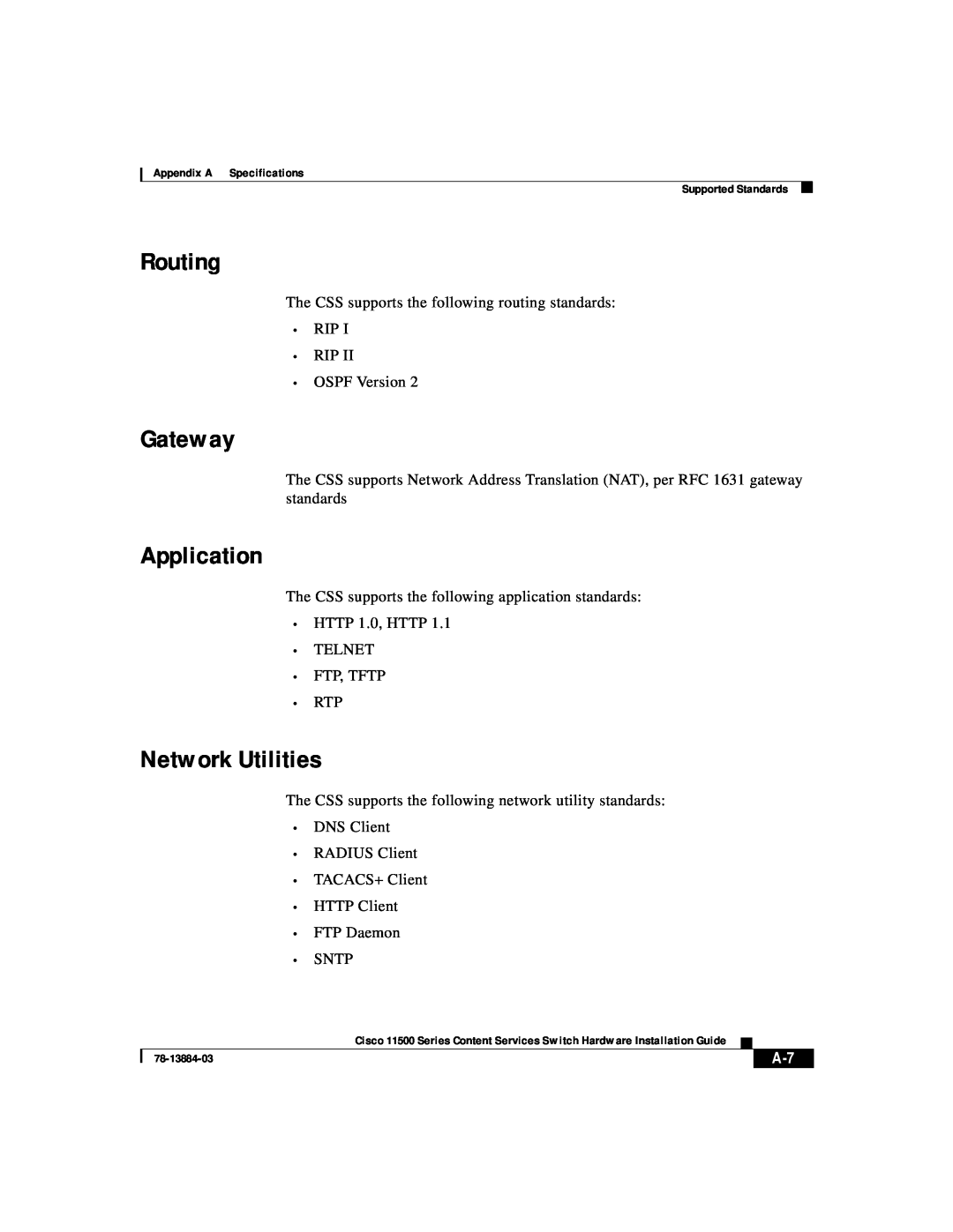 Cisco Systems 11500 Series manual Routing, Gateway, Application, Network Utilities 