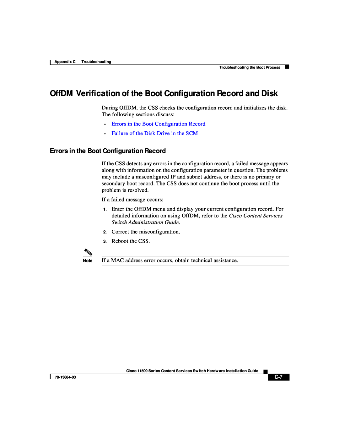 Cisco Systems 11500 Series manual OffDM Verification of the Boot Configuration Record and Disk 