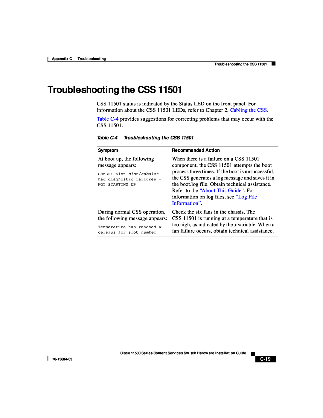 Cisco Systems 11500 Series manual Troubleshooting the CSS, Information”, C-19 