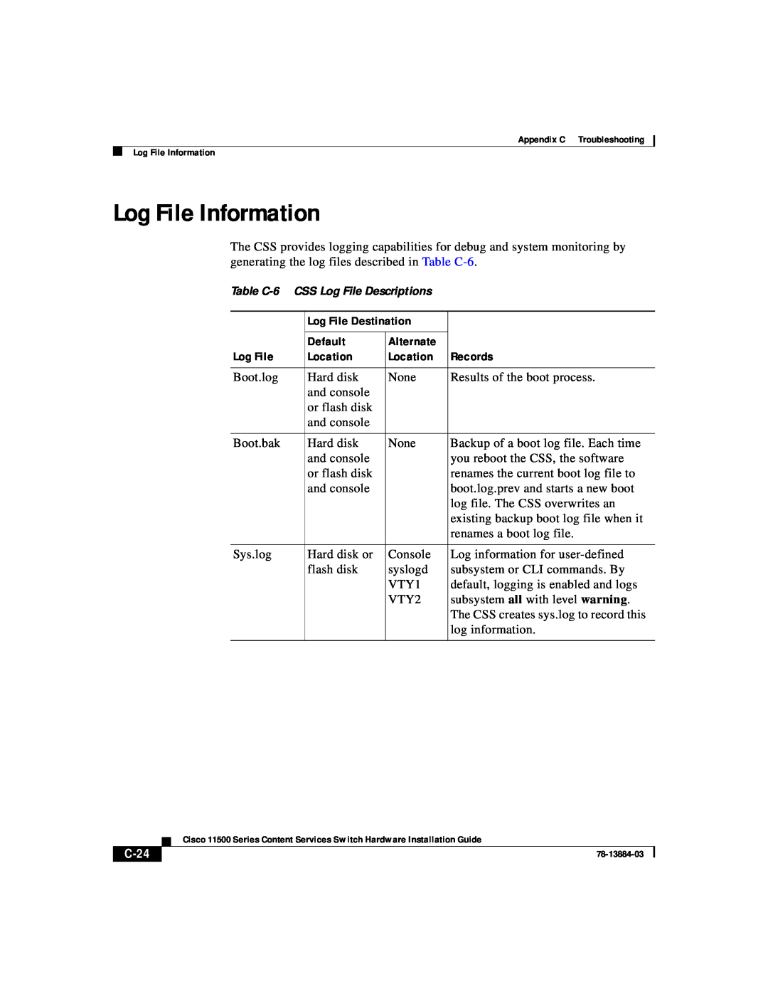 Cisco Systems 11500 Series manual Log File Information, C-24 
