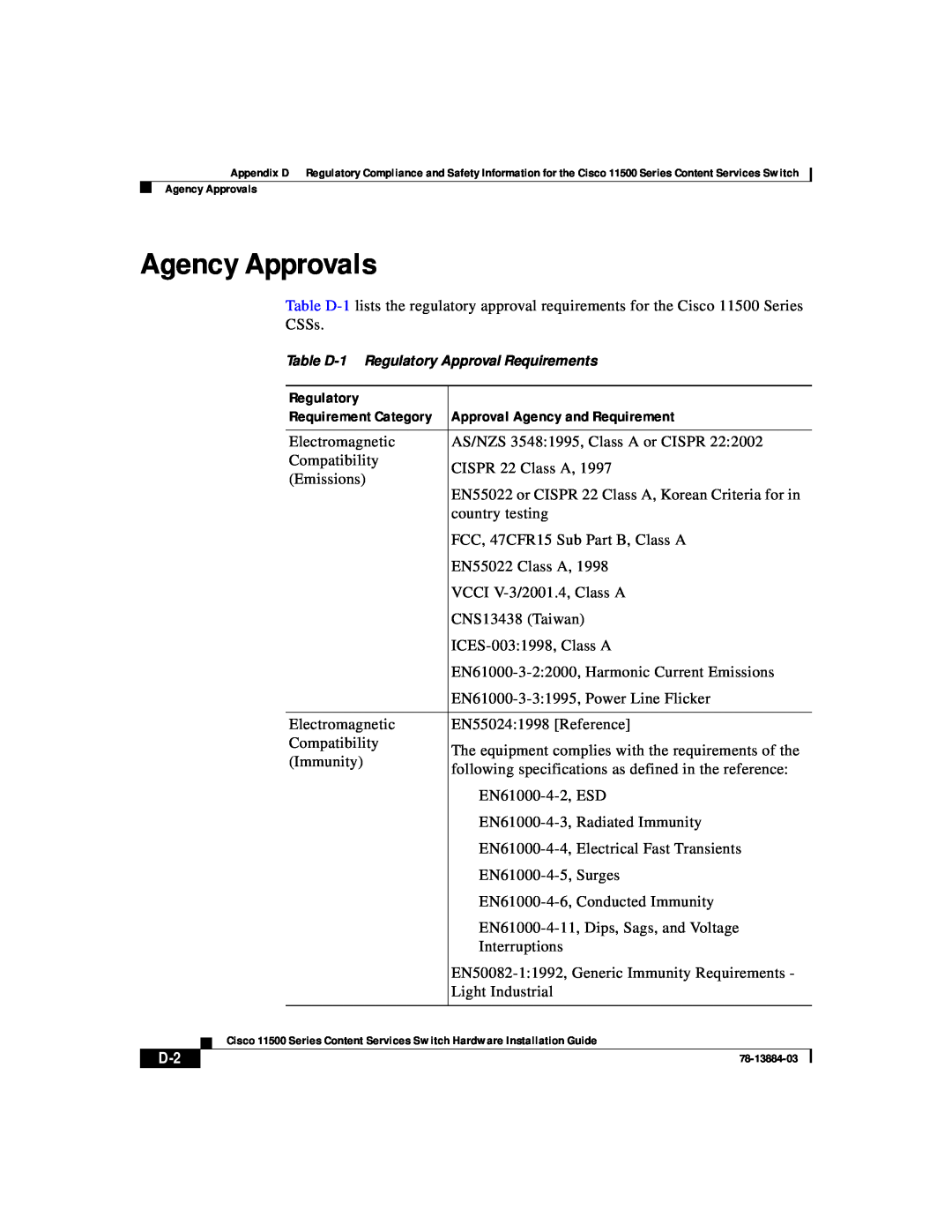 Cisco Systems 11500 Series manual Agency Approvals 
