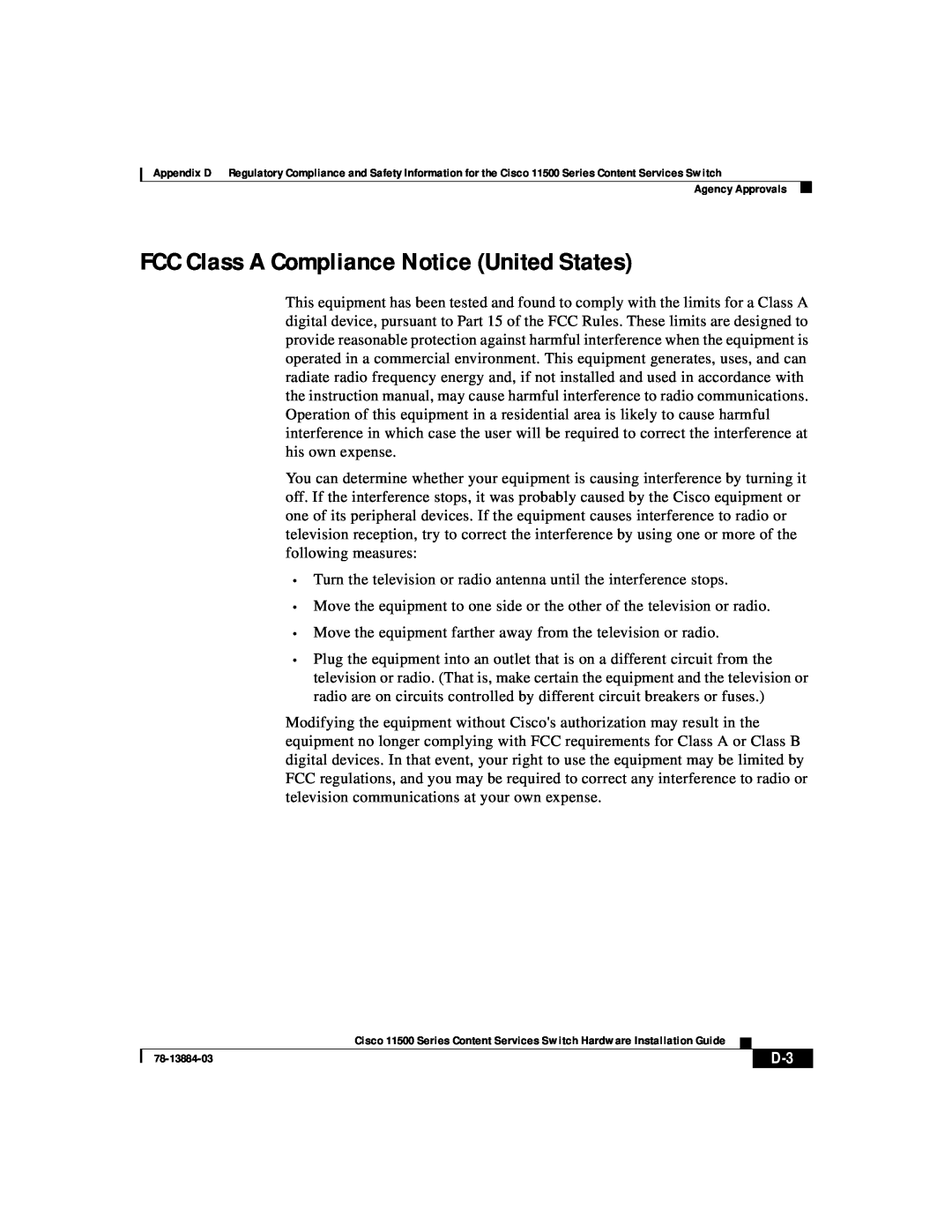 Cisco Systems 11500 Series manual FCC Class A Compliance Notice United States 