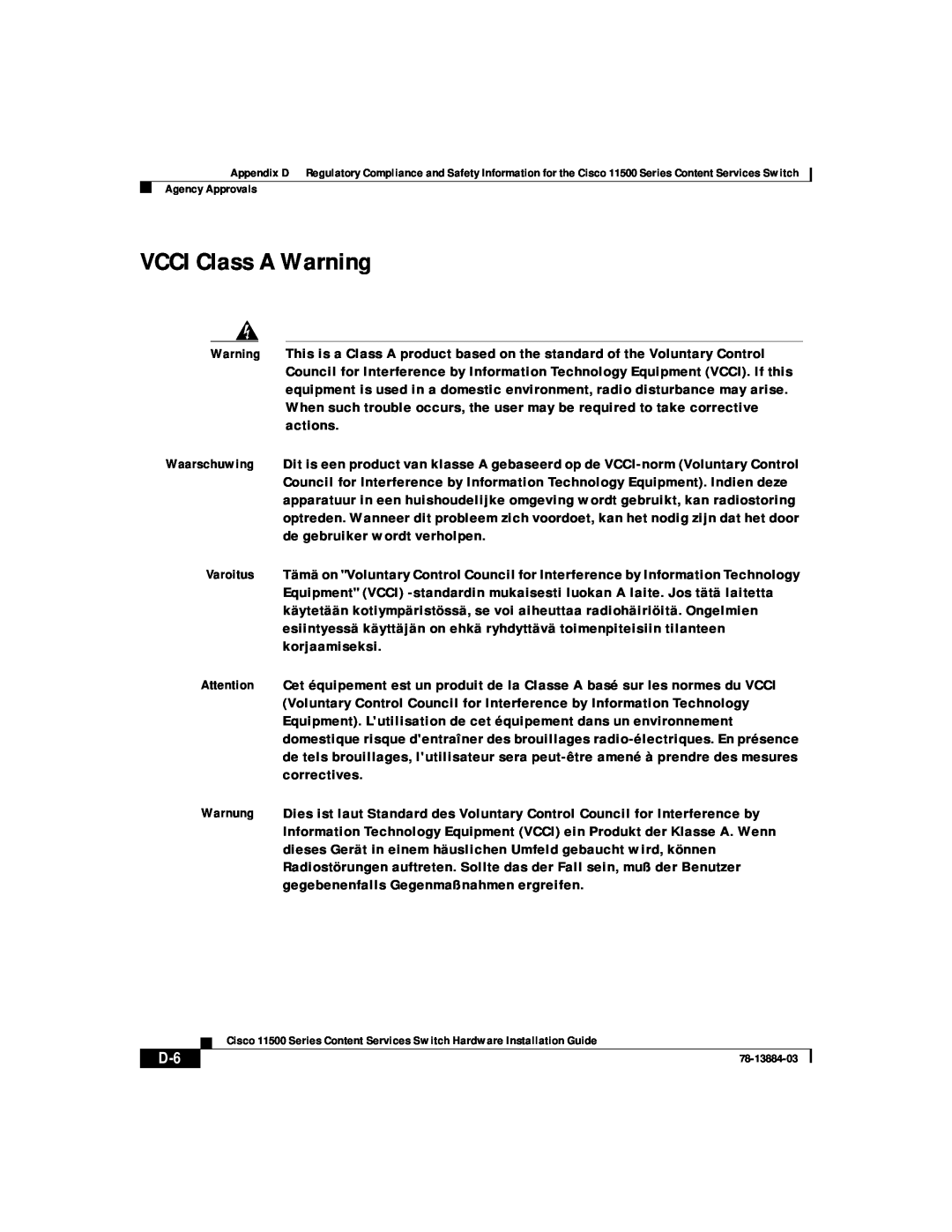 Cisco Systems 11500 Series manual VCCI Class A Warning 